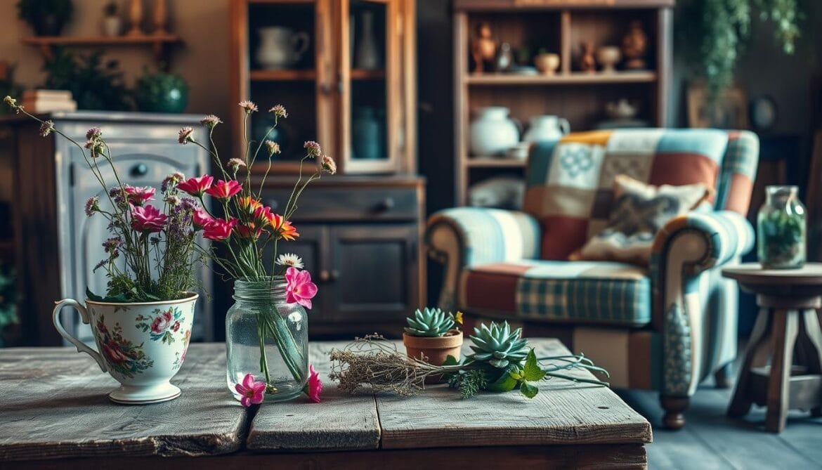 Rustikaler Wohnraum mit Holztisch, darauf bunte Blumen und Sukkulenten, im Hintergrund ein gemütlicher Patchwork-Sessel.