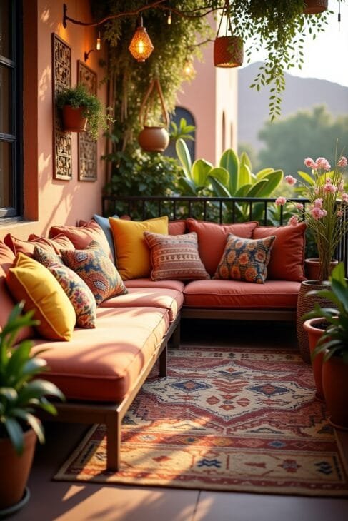 Gemusterte Kissen und Teppiche auf einem Boho Balkon im entspannten Stil.