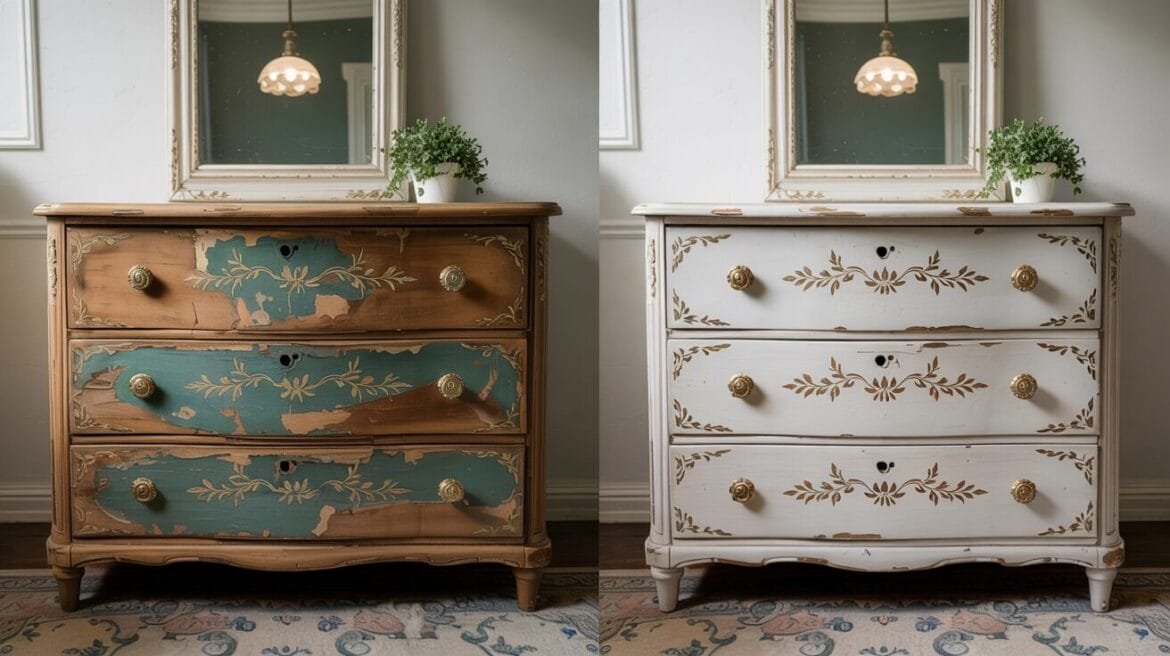 DIY Upcycling: Vintage-Kommode verwandelt – von verwittert zu shabby-chic mit Golddekor und neuen Griffen.