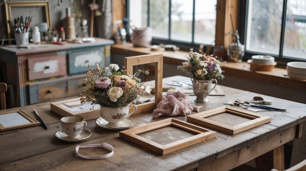 DIY-Werkstatt mit kaffeegealterten Bilderrahmen, Blumen in Teetassen und Shabby-Chic-Kommode