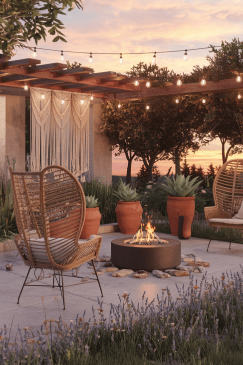 Garten Deko im Vintage-Modern-Stil: Rattansessel, Terrakotta-Töpfe und Feuerschale für eine Traumwohnung unter freiem Himmel.