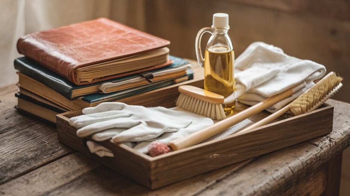Reinigungstools für Antiquitäten: Mikrofasertücher, Zitronenöl und Baumwollhandschuhe