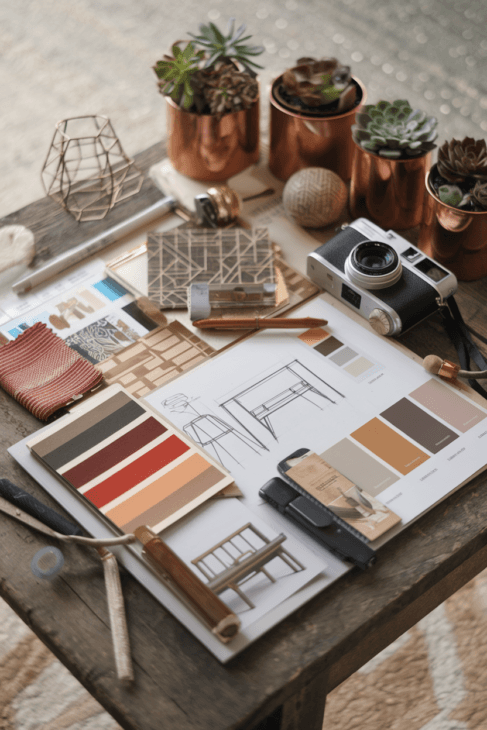 Moodboard für eine Traumwohnung – Inspiration aus Retro Zimmer Ideen, modernen Skizzen und Garten Deko-Elementen im Vintage-Modern-Stil.
