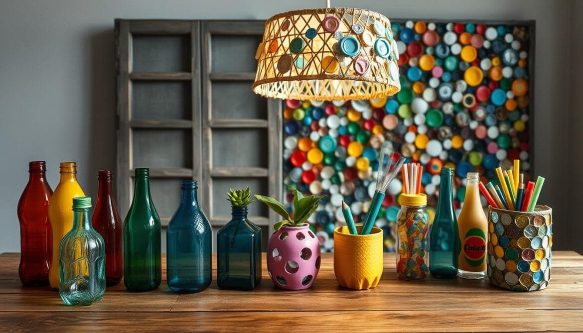 Bunte PET-Flaschen und ein Lampenschirm aus Flaschendeckeln als Upcycling-Deko auf einem Tisch.