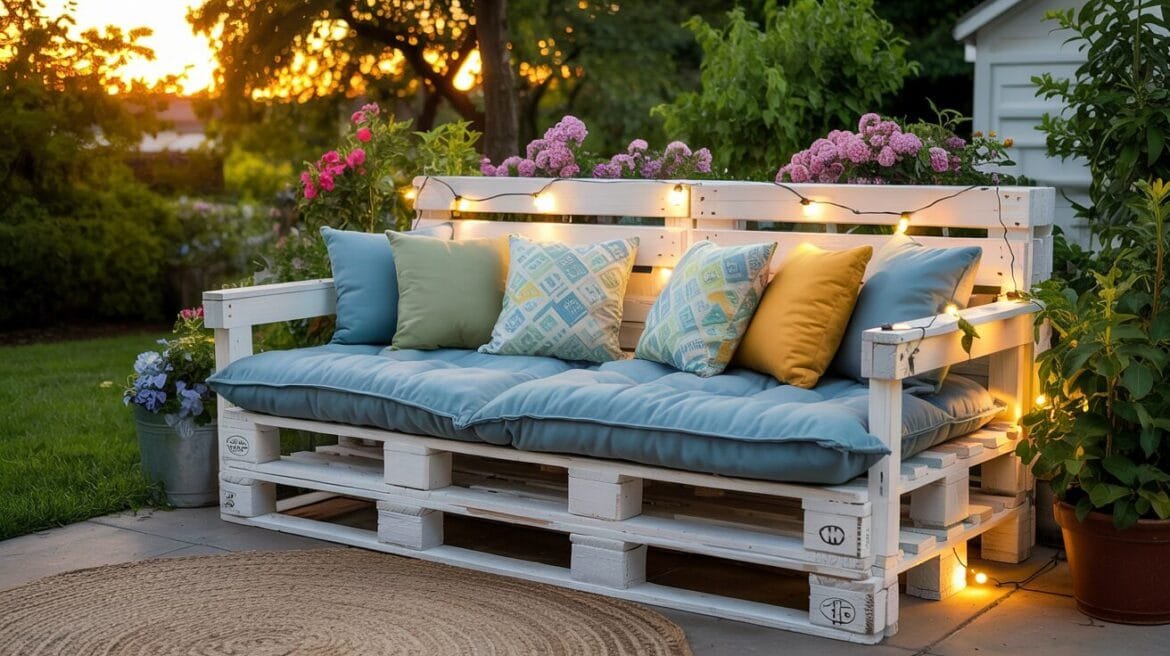 DIY Upcycling: Gartenmöbel aus Europaletten mit Kissen und Lichterkette für gemütliche Abende.