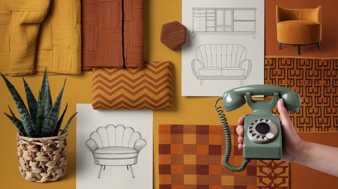 Planung eines Retro-Wohnzimmers: Farbmuster in Senfgelb und Rostorange, Stoffproben mit geometrischen Mustern und Vintage-Möbelskizzen. Ein gewebter Korb mit Pflanze und ein Retro-Telefon unterstreichen die 70er-Jahre-Ästhetik.