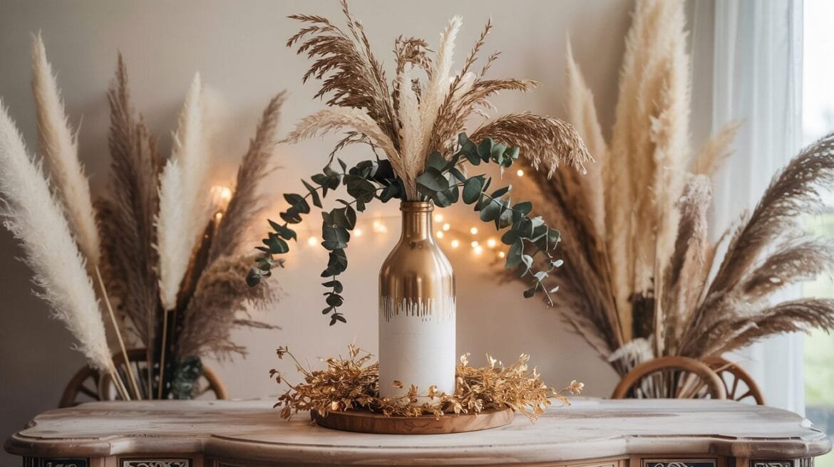 Retro Möbel-Deko: Upcycling-Anleitung für eine boho Vase aus geschnittener Weinflasche mit Goldakzenten.