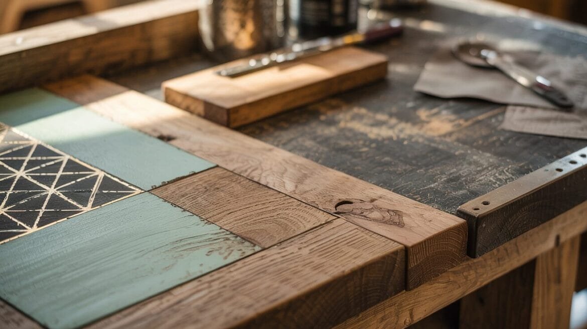 Upcycling Anleitung: Natürliche vs. gestrichene Holztexturen für Retro Möbel-Projekte.