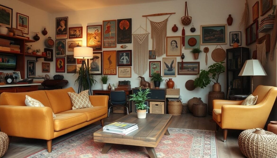 Retro-Möbel und dekorative Wandakzente, die den Charme vergangener Zeiten in einem modernen Interieur hervorheben.