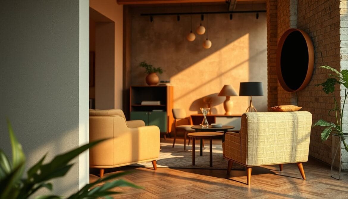A vintage color palette of earthy hues and muted tones, captured in a nostalgic retro-inspired scene. In the foreground, a composition of classic geometric shapes and patterns, evoking the design aesthetics of the mid-20th century. The middle ground features a tasteful arrangement of retro-styled furniture and decor, bathed in warm, soft lighting that casts gentle shadows. In the background, a subtly textured wall or surface, perhaps with a hint of weathering or distress, adding to the overall vintage atmosphere. The scene exudes a sense of timeless elegance and a connection to the past, perfectly capturing the essence of the "Die Geschichte des Retro-Designs" section. Eine Vintage-Farbpalette mit erdigen und gedämpften Tönen, eingefangen in einer nostalgischen, von der Retrozeit inspirierten Szene. Im Vordergrund eine Komposition aus klassischen geometrischen Formen und Mustern, die an die Designästhetik der Mitte des 20. Im Mittelgrund ist eine geschmackvolle Anordnung von Möbeln und Dekor im Retrostil zu sehen, die in warmes, weiches Licht getaucht ist, das sanfte Schatten wirft. Im Hintergrund ist eine subtil strukturierte Wand oder Oberfläche zu sehen, vielleicht mit einem Hauch von Verwitterung oder Beschädigung, die zur allgemeinen Vintage-Atmosphäre beiträgt. Die Szene strahlt ein Gefühl von zeitloser Eleganz und Verbundenheit mit der Vergangenheit aus und fängt die Essenz der Rubrik "Die Geschichte des Retro-Designs" perfekt ein.