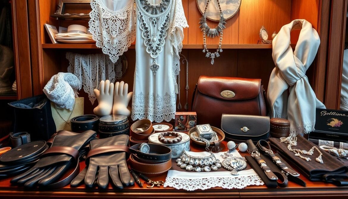 A meticulously maintained vintage accessory display showcasing a collection of carefully preserved items. The foreground features a selection of impeccably polished leather goods, such as gloves, belts, and a stylish handbag, all arranged with a keen eye for detail. The middle ground highlights an array of delicate lace trim, shimmering jewelry, and pristine silk scarves, each item showcasing its timeless beauty. In the background, a well-lit wooden cabinet or shelving unit provides the perfect backdrop, casting a warm, nostalgic glow over the entire scene. The overall mood is one of reverence and appreciation for the craftsmanship and history embodied in these carefully curated vintage accessories. Eine sorgfältig gepflegte Ausstellung von Vintage-Accessoires, die eine Sammlung von sorgfältig aufbewahrten Gegenständen präsentiert. Im Vordergrund ist eine Auswahl makellos polierter Lederwaren zu sehen, wie Handschuhe, Gürtel und eine elegante Handtasche, die mit viel Liebe zum Detail arrangiert wurden. Im Mittelgrund sind zarte Spitzenbesätze, schimmernder Schmuck und makellose Seidenschals zu sehen, wobei jedes Stück seine zeitlose Schönheit zur Schau stellt. Im Hintergrund bildet ein gut beleuchteter Holzschrank oder ein Regal die perfekte Kulisse, die einen warmen, nostalgischen Schein auf die gesamte Szene wirft. Die Gesamtstimmung ist geprägt von Ehrfurcht und Wertschätzung für die Handwerkskunst und die Geschichte, die in diesen sorgfältig zusammengestellten Vintage-Accessoires stecken.