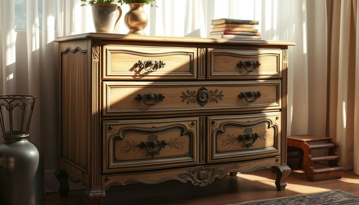 Eine wunderschön verwitterte Kommode im Vintage-Stil, deren gealterte Holzpaneele und verschnörkelte Messingbeschläge in weichem, natürlichem Licht schimmern. Zarte Blumendekore schmücken die Schubladen und ergänzen die gedämpfte, erdige Farbpalette. Das Möbelstück steht elegant in einem sonnendurchfluteten Raum, und seine kunstvoll geschnitzten Details werfen sanfte Schatten. Das Sonnenlicht fällt durch die transparenten Vorhänge und schafft eine warme, einladende Atmosphäre. Sorgfältig ausgewählte dekorative Elemente, wie eine Topfpflanze und ein Stapel alter Bücher, tragen zum rustikalen Charme bei. Die zeitlose, upgecycelte Ästhetik der Kommode fängt die Essenz des Themas "Vintage-Upcycling" perfekt ein.