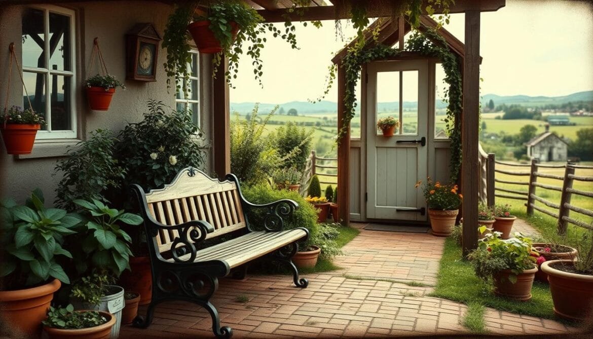 A charming outdoor scene featuring retro-inspired decor elements. In the foreground, a vintage-style garden bench nestled among lush potted plants and hanging baskets. The middle ground showcases a weathered brick pathway leading to a quaint greenhouse or small shed, its wooden frame adorned with trailing vines. In the background, a picturesque countryside landscape with rolling hills, old-growth trees, and a hint of a quaint rural town. Soft, warm lighting casts a nostalgic glow, as if captured on an aged Polaroid. The overall atmosphere exudes a sense of timeless tranquility and rustic elegance. Eine charmante Szene im Freien mit retro-inspirierten Dekorationselementen. Im Vordergrund eine Gartenbank im Vintage-Stil inmitten üppiger Topfpflanzen und Blumenampeln. Im Mittelgrund ist ein verwitterter Ziegelweg zu sehen, der zu einem malerischen Gewächshaus oder einem kleinen Schuppen führt, dessen hölzerner Rahmen mit rankenden Ranken geschmückt ist. Im Hintergrund ist eine malerische Landschaft mit sanften Hügeln, altgewachsenen Bäumen und einer Andeutung einer malerischen ländlichen Stadt zu sehen. Die weiche, warme Beleuchtung sorgt für einen nostalgischen Glanz, als wäre sie auf einem alten Polaroid eingefangen worden. Die gesamte Atmosphäre strahlt ein Gefühl von zeitloser Ruhe und rustikaler Eleganz aus.