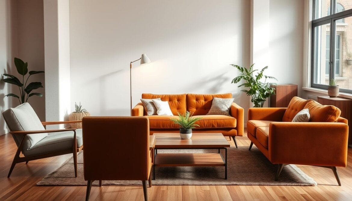 A cozy and harmonious living room arrangement showcasing a mix of retro-inspired furniture. In the foreground, a plush, midcentury-style sofa in a rich, earthy tone sits prominently. Flanking it are a pair of sleek, low-profile armchairs with slim, tapered legs in a complementary hue. In the middle ground, a vintage-inspired coffee table with a wooden top and metal frame anchors the seating area. A floor lamp with a slim, minimalist silhouette casts a warm, inviting glow. In the background, a large window allows natural light to flood the space, highlighting the room's clean lines and carefully curated aesthetic. Soft textures, natural materials, and a muted color palette create a serene, well-balanced atmosphere, conveying the art of combining retro furniture for an optimal living space design. Eine gemütliche und harmonische Wohnzimmereinrichtung mit einem Mix aus retro-inspirierten Möbeln. Im Vordergrund steht ein plüschiges Sofa im Midcentury-Stil in einem satten, erdigen Ton. Flankiert wird es von zwei schlanken, flachen Sesseln mit schlanken, spitz zulaufenden Beinen in einem komplementären Farbton. Im Mittelgrund verankert ein Couchtisch im Vintage-Stil mit Holzplatte und Metallgestell den Sitzbereich. Eine Stehlampe mit einer schlanken, minimalistischen Silhouette wirft ein warmes, einladendes Licht. Im Hintergrund durchflutet ein großes Fenster den Raum mit natürlichem Licht, das die klaren Linien und die sorgfältig ausgewählte Ästhetik des Raums unterstreicht. Weiche Texturen, natürliche Materialien und eine gedämpfte Farbpalette schaffen eine ruhige, ausgewogene Atmosphäre und vermitteln die Kunst, Retro-Möbel für eine optimale Wohnraumgestaltung zu kombinieren.