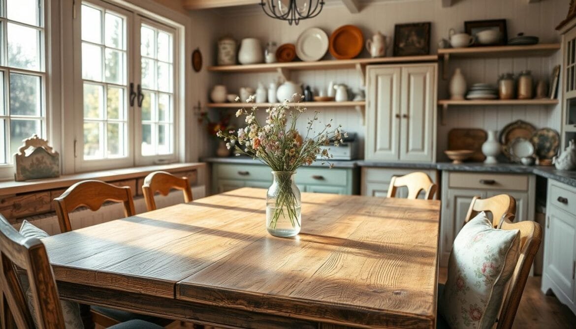 A cozy and inviting kitchen interior, bathed in soft, natural light streaming through large windows. In the foreground, a weathered, distressed wooden farmhouse table, its surface subtly stained and lightly scuffed, surrounded by mismatched vintage chairs with plush, floral-patterned cushions. On the table, a rustic vase holds a bouquet of delicate wildflowers. Against the walls, shabby chic cabinets and shelves display an eclectic collection of antique ceramic dishes, mason jars, and faded picture frames. The overall atmosphere exudes a sense of relaxed, lived-in charm, perfectly encapsulating the essence of a Shabby Chic aesthetic. Eine gemütliche und einladende Kücheneinrichtung, die durch große Fenster in weiches, natürliches Licht getaucht ist. Im Vordergrund steht ein verwitterter, abgenutzter Holztisch im Landhausstil, dessen Oberfläche leicht gebeizt und abgenutzt ist, umgeben von nicht zusammenpassenden Vintage-Stühlen mit plüschigen, blumengemusterten Polstern. Auf dem Tisch steht eine rustikale Vase mit einem Strauß zarter Wildblumen. An den Wänden stehen in schäbigen Schränken und Regalen eine eklektische Sammlung von antikem Keramikgeschirr, Einmachgläsern und verblichenen Bilderrahmen. Die Gesamtatmosphäre strahlt einen entspannten, lebendigen Charme aus, der die Essenz des Shabby Chic perfekt verkörpert.