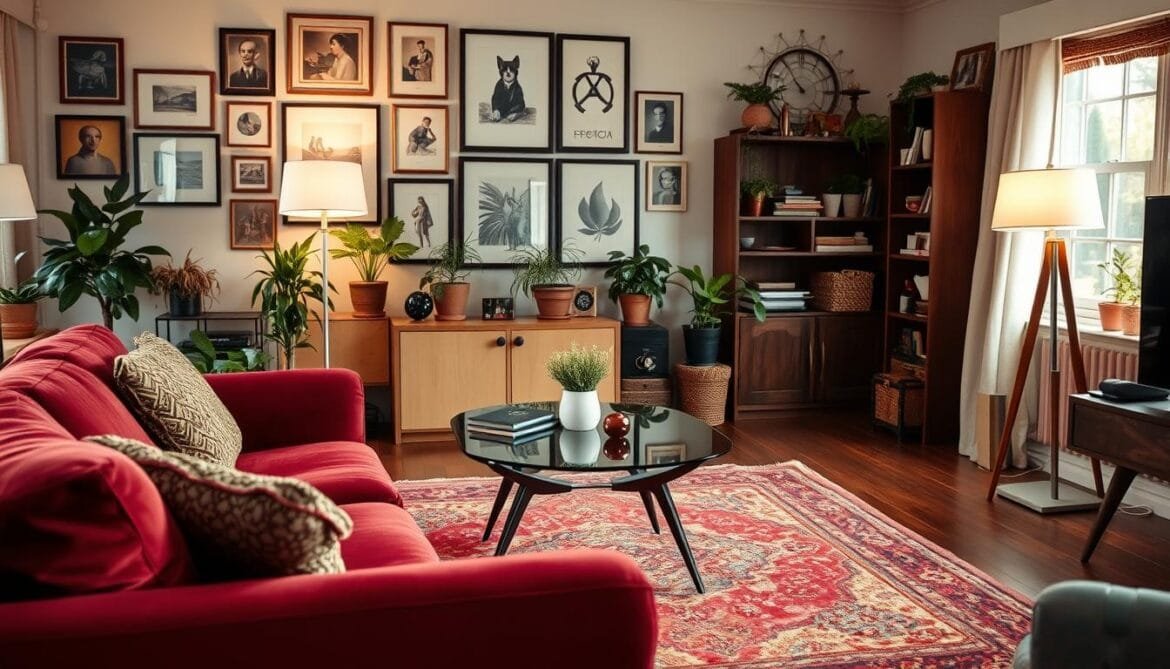 A cozy and inviting living room with a harmonious blend of vintage and contemporary furnishings. In the foreground, a plush velvet sofa in a rich burgundy hue sits atop a vibrant, patterned area rug. On the middle ground, a beautiful mid-century modern coffee table with sleek, tapered legs and a glass top reflects the warm, ambient lighting from a retro-style floor lamp nearby. The background features a collection of framed art prints, potted plants, and a vintage-inspired bookshelf filled with eclectic trinkets and books. The overall atmosphere evokes a sense of timeless elegance and personal style. Ein gemütliches und einladendes Wohnzimmer mit einer harmonischen Mischung aus Vintage- und modernen Möbeln. Im Vordergrund steht ein plüschiges Samtsofa in einem satten Burgunder-Ton auf einem lebhaften, gemusterten Teppichboden. In der Mitte steht ein wunderschöner Couchtisch aus der Mitte des Jahrhunderts mit schlanken, spitz zulaufenden Beinen und einer Glasplatte, in der sich das warme Licht einer Stehlampe im Retro-Stil spiegelt. Im Hintergrund befinden sich gerahmte Kunstdrucke, Topfpflanzen und ein Bücherregal im Vintage-Stil, gefüllt mit eklektischen Schmuckstücken und Büchern. Die Gesamtatmosphäre vermittelt ein Gefühl von zeitloser Eleganz und persönlichem Stil.