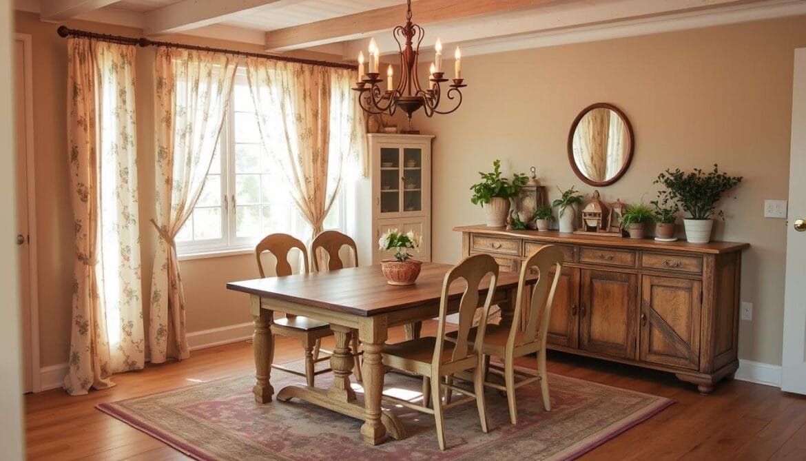 A cozy and inviting shabby chic interior with warm lighting, featuring a distressed wood dining table surrounded by mismatched but charming chairs, a vintage chandelier overhead, and a rustic sideboard adorned with antique trinkets and potted plants. The walls are painted in a soft, muted color palette, complemented by delicate floral curtains and a worn, patterned area rug. The overall atmosphere is one of effortless elegance and understated sophistication, capturing the essence of the shabby chic aesthetic. Ein gemütliches und einladendes Shabby-Chic-Interieur mit warmer Beleuchtung, einem Esstisch aus abgenutztem Holz, umgeben von nicht zusammenpassenden, aber charmanten Stühlen, einem Vintage-Kronleuchter über dem Tisch und einer rustikalen Anrichte, die mit antiken Schmuckstücken und Topfpflanzen geschmückt ist. Die Wände sind in einer sanften, gedeckten Farbpalette gestrichen, die durch zarte, geblümte Vorhänge und einen abgenutzten, gemusterten Flächenteppich ergänzt wird. Die Gesamtatmosphäre ist von müheloser Eleganz und unaufdringlicher Raffinesse geprägt und fängt die Essenz des Shabby-Chic-Stils ein.
