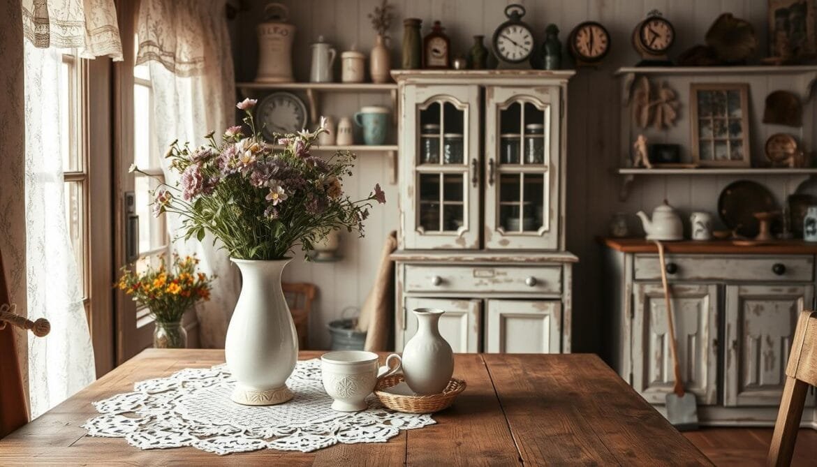 A cozy and inviting shabby chic kitchen filled with charming decorative elements. In the foreground, a rustic wooden table adorned with delicate lace, porcelain figurines, and a vintage vase brimming with fragrant wildflowers. Soft, natural lighting filters through lace curtains, casting a warm glow on weathered wood shelves displaying antique crockery and mason jars. In the background, a distressed farmhouse-style cabinet showcases an eclectic collection of trinkets, old-fashioned clocks, and faded vintage photographs. The overall atmosphere is one of warmth, nostalgia, and a touch of whimsy, perfectly capturing the essence of the shabby chic aesthetic. Eine gemütliche und einladende Küche im Shabby-Chic-Stil, gefüllt mit charmanten dekorativen Elementen. Im Vordergrund steht ein rustikaler Holztisch, der mit zarter Spitze, Porzellanfiguren und einer Vintage-Vase mit duftenden Wildblumen geschmückt ist. Weiches, natürliches Licht fällt durch Spitzenvorhänge und wirft einen warmen Schein auf verwitterte Holzregale mit antikem Geschirr und Einmachgläsern. Im Hintergrund präsentiert ein verfallener Schrank im Landhausstil eine eklektische Sammlung von Schmuckstücken, altmodischen Uhren und verblichenen Vintage-Fotos. Die Gesamtatmosphäre ist von Wärme, Nostalgie und einem Hauch von Laune geprägt und fängt die Essenz des Shabby Chic perfekt ein.