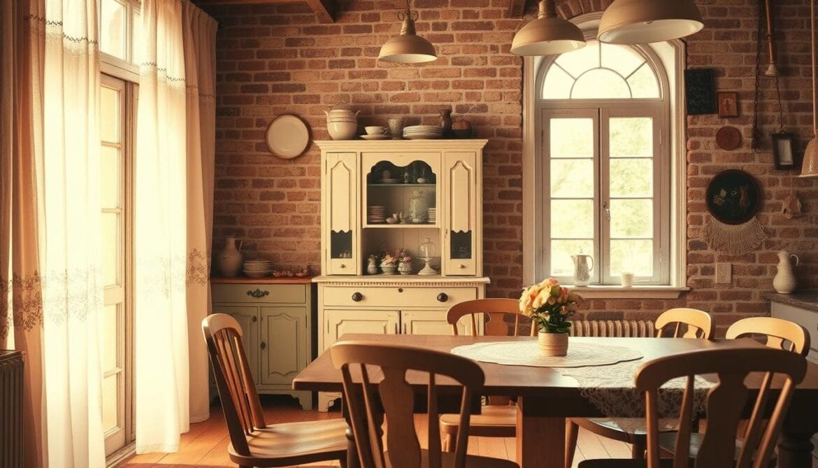 A cozy and inviting shabby chic kitchen interior, bathed in warm, natural light filtering through lace curtains. The foreground features a rustic wooden table with mismatched vintage chairs, adorned with a lace tablecloth and a simple flower arrangement. In the middle ground, a worn, pastel-colored cabinet displays eclectic knick-knacks and a collection of antique dishware. The background showcases exposed brick walls, a charming distressed window frame, and minimal industrial-style lighting fixtures that complement the overall shabby chic aesthetic. The overall mood is one of comforting homeliness and effortless elegance. Eine gemütliche und einladende Küche im Shabby-Chic-Stil, die in warmes, natürliches Licht getaucht ist, das durch Spitzenvorhänge fällt. Im Vordergrund steht ein rustikaler Holztisch mit unpassenden Vintage-Stühlen, die mit einer Spitzentischdecke und einem einfachen Blumenarrangement geschmückt sind. Im Mittelgrund zeigt ein abgenutzter, pastellfarbener Schrank eklektischen Schnickschnack und eine Sammlung antiken Geschirrs. Im Hintergrund sind freiliegende Backsteinmauern, ein charmanter, abgenutzter Fensterrahmen und minimale Beleuchtungskörper im Industriestil zu sehen, die die gesamte Shabby-Chic-Ästhetik ergänzen. Die Gesamtstimmung ist von behaglicher Heimeligkeit und müheloser Eleganz geprägt.