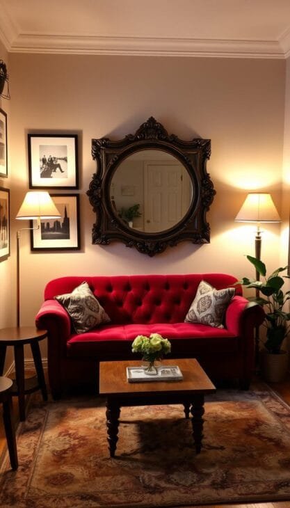 A cozy and inviting small living room in a captivating retro-vintage style. The space is bathed in warm, soft lighting from a pair of mid-century modern table lamps with burnished brass accents. A plush, tufted velvet sofa in a rich burgundy hue takes center stage, flanked by a sturdy oak coffee table with turned legs. Adorning the walls are framed black-and-white photographs and a large, ornate mirror that adds depth and a sense of grandeur to the intimate setting. Touches of greenery in the form of a potted plant and a lush area rug in an abstract pattern complete the cozy ambiance, transporting the viewer to a bygone era of timeless elegance. Ein gemütliches und einladendes kleines Wohnzimmer in einem fesselnden Retro-Vintage-Stil. Der Raum ist in warmes, weiches Licht getaucht, das von zwei modernen Tischlampen aus der Mitte des Jahrhunderts mit brünierten Messingakzenten kommt. Ein plüschiges, getuftetes Samtsofa in einem satten Burgunderton steht im Mittelpunkt, flankiert von einem robusten Couchtisch aus Eiche mit gedrechselten Beinen. An den Wänden hängen gerahmte Schwarz-Weiß-Fotografien und ein großer, verschnörkelter Spiegel, der dem intimen Ambiente Tiefe und ein Gefühl von Erhabenheit verleiht. Ein Hauch von Grün in Form einer Topfpflanze und ein üppiger Teppich mit einem abstrakten Muster vervollständigen das gemütliche Ambiente und versetzen den Betrachter in eine vergangene Ära zeitloser Eleganz.