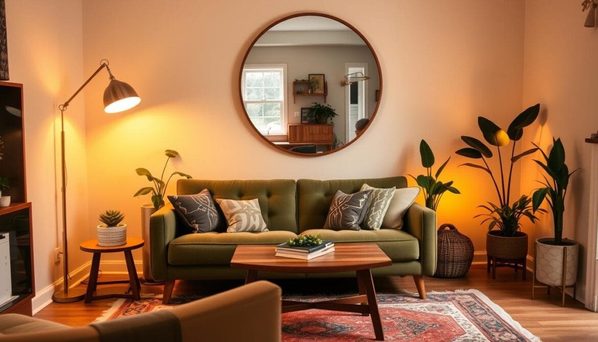 A cozy and inviting small living room with a mid-century modern aesthetic. The space is bathed in warm, golden lighting from a sleek, minimalist floor lamp and wall sconces. In the foreground, a plush, tufted sofa in a muted olive green hue is paired with a wood and brass coffee table. Accent pillows in complementary patterns and textures add depth and visual interest. On the wall, a large, circular mirror reflects the room, creating an illusion of depth. Potted plants and a vintage-inspired area rug complete the retro-inspired, space-saving design. Ein gemütliches und einladendes kleines Wohnzimmer mit einer modernen Ästhetik aus der Mitte des Jahrhunderts. Der Raum wird durch eine schlichte, minimalistische Stehlampe und Wandleuchten in warmes, goldenes Licht getaucht. Im Vordergrund steht ein plüschiges, getuftetes Sofa in einem gedämpften Olivgrün, das mit einem Couchtisch aus Holz und Messing kombiniert ist. Akzentkissen mit komplementären Mustern und Texturen sorgen für Tiefe und visuelles Interesse. An der Wand reflektiert ein großer, runder Spiegel den Raum und schafft so die Illusion von Tiefe. Topfpflanzen und ein Vintage-Teppich vervollständigen das retro-inspirierte, platzsparende Design.