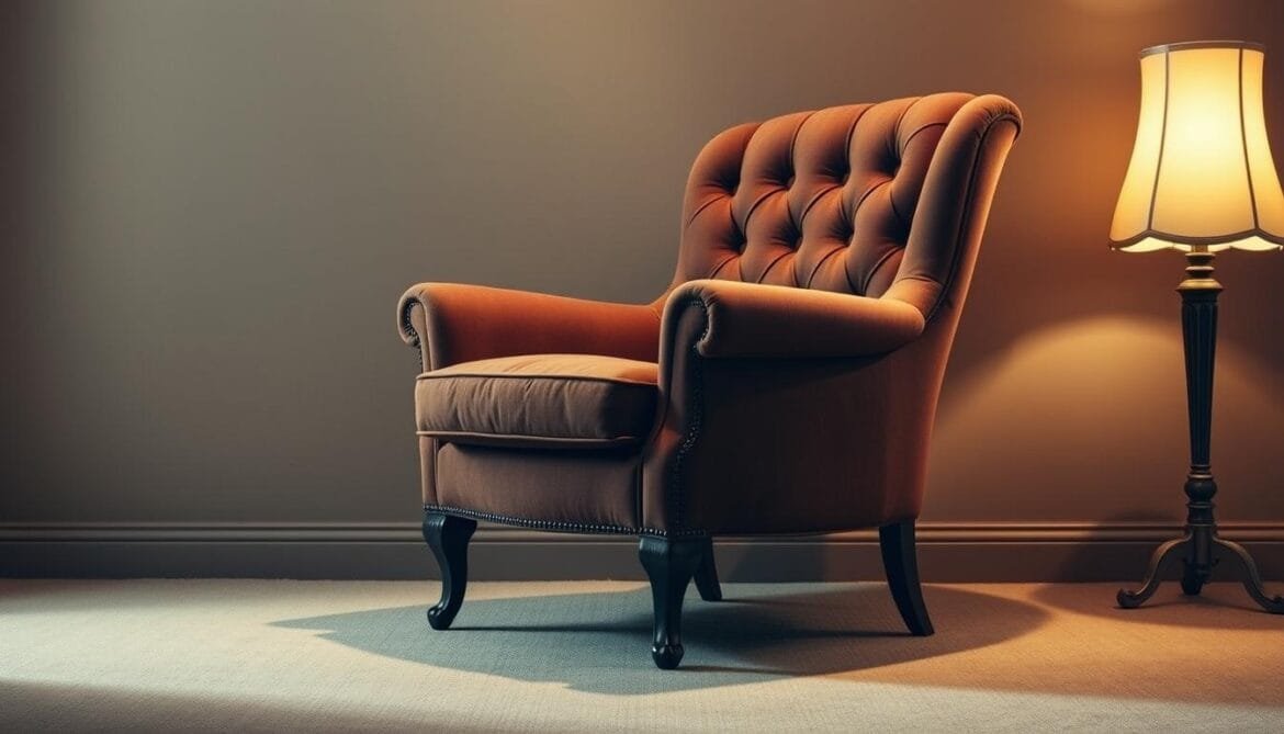 A cozy and inviting vintage armchair, known as an "Ohrensessel", sits in a warm, softly lit room. The chair's elegant, curved silhouette and button-tufted upholstery in a rich, muted palette evoke a sense of timeless sophistication. Contrasting wooden legs and ornate armrests add a touch of classic European charm. Soft, diffused lighting from a nearby lamp casts a gentle glow, creating an intimate and relaxing atmosphere. The chair is placed against a muted, textured wall, allowing it to take center stage as the focal point of the composition. This vintage Ohrensessel embodies the essence of enduring style and comfort that defines the best of retro interior design. Ein gemütlicher und einladender Vintage-Sessel, bekannt als "Ohrensessel", steht in einem warmen, sanft beleuchteten Raum. Die elegante, geschwungene Silhouette des Sessels und die mit Knöpfen besetzte Polsterung in einer satten, gedeckten Farbpalette vermitteln ein Gefühl von zeitloser Raffinesse. Die kontrastierenden Holzbeine und die verschnörkelten Armlehnen verleihen ihm einen Hauch von klassischem europäischem Charme. Das weiche, diffuse Licht einer nahe gelegenen Lampe spendet einen sanften Schein und schafft eine intime und entspannende Atmosphäre. Der Stuhl steht vor einer gedämpften, strukturierten Wand, die ihn zum Mittelpunkt der Komposition werden lässt. Dieser Vintage-Ohrensessel verkörpert die Essenz von dauerhaftem Stil und Komfort, die das Beste der Retro-Einrichtung ausmacht.