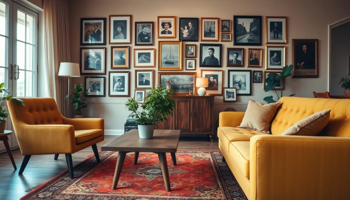 A cozy and inviting vintage-inspired interior with a warm and harmonious color palette. In the foreground, a tufted mid-century sofa in a rich mustard yellow hue, complemented by a pair of matching armchairs in a slightly darker shade. A wooden coffee table with slender, tapered legs stands between the seating pieces, topped with a lush green potted plant. The middle ground features a beautiful vintage-style rug with a geometric pattern in earthy tones of rust, ochre, and olive. In the background, a wall adorned with framed art prints and photographs in ornate vintage-inspired frames, creating a sense of collected and curated decor. Soft, warm lighting illuminates the space, casting a cozy glow and evoking a timeless, nostalgic atmosphere. Ein gemütliches und einladendes Interieur im Vintage-Stil mit einer warmen und harmonischen Farbpalette. Im Vordergrund steht ein getuftetes Mid-Century-Sofa in einem satten Senfgelb, das durch ein Paar passende Sessel in einem etwas dunkleren Farbton ergänzt wird. Zwischen den Sitzmöbeln steht ein hölzerner Couchtisch mit schlanken, spitz zulaufenden Beinen, auf dem eine üppige grüne Topfpflanze steht. Im Mittelgrund liegt ein schöner Teppich im Vintage-Stil mit einem geometrischen Muster in erdigen Rost-, Ocker- und Olivtönen. Im Hintergrund eine Wand mit gerahmten Kunstdrucken und Fotografien in verschnörkelten Vintage-Rahmen, die ein Gefühl von gesammelter und kuratierter Einrichtung vermitteln. Eine weiche, warme Beleuchtung erhellt den Raum, verbreitet ein gemütliches Licht und ruft eine zeitlose, nostalgische Atmosphäre hervor.