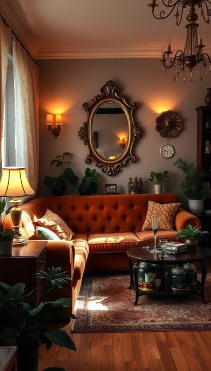 A cozy and inviting vintage living room with a plush, tufted sofa in a rich, earthy tone, paired with matching bespoke wooden side tables. Warm, soft lighting filters through lace curtains, casting a gentle glow over the space. Antique brass lamps and a ornate, gilded mirror adorn the walls, creating a sense of timeless elegance. The hardwood floor is covered by a lush, patterned area rug, adding depth and texture. Potted plants and carefully curated vintage decor pieces complete the intimate, nostalgic atmosphere, transporting the viewer to a cozy, bygone era. A cozy and inviting vintage living room with a plush, tufted sofa in a rich, earthy tone, paired with matching bespoke wooden side tables. Warm, soft lighting filters through lace curtains, casting a gentle glow over the space. Antique brass lamps and a ornate, gilded mirror adorn the walls, creating a sense of timeless elegance. The hardwood floor is covered by a lush, patterned area rug, adding depth and texture. Potted plants and carefully curated vintage decor pieces complete the intimate, nostalgic atmosphere, transporting the viewer to a cozy, bygone era.
