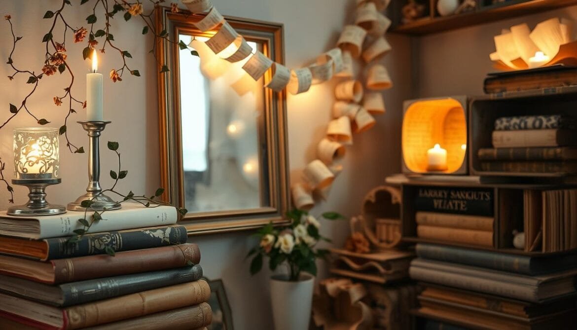 A cozy corner filled with upcycled book decor. In the foreground, a stack of antique hardcover books adorned with intricate paper cutouts, their spines repurposed as elegant candle holders. Trailing vines and dried flowers cascade from the shelves, adding a touch of whimsical nature. The middle ground showcases a book-page garland draped across a vintage picture frame, casting a warm, golden glow. In the background, a collection of hollowed-out books transformed into decorative boxes and trays, their pages artfully arranged to create textural depth. The lighting is soft and diffused, lending an inviting, cozy atmosphere to this upcycling sanctuary. A cozy corner filled with upcycled book decor. In the foreground, a stack of antique hardcover books adorned with intricate paper cutouts, their spines repurposed as elegant candle holders. Trailing vines and dried flowers cascade from the shelves, adding a touch of whimsical nature. The middle ground showcases a book-page garland draped across a vintage picture frame, casting a warm, golden glow. In the background, a collection of hollowed-out books transformed into decorative boxes and trays, their pages artfully arranged to create textural depth. The lighting is soft and diffused, lending an inviting, cozy atmosphere to this upcycling sanctuary.