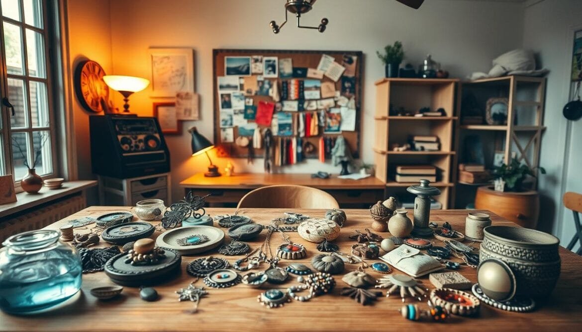 A cozy home studio with a rustic, retro-inspired aesthetic. In the foreground, an array of handcrafted accessories like vintage-style jewelry, decorative wall hangings, and repurposed trinkets are arranged on a wooden table, inviting the viewer to explore the intricate details. Warm lighting from a large window and a few strategically placed lamps casts a gentle glow, highlighting the textures and colors of the DIY creations. In the middle ground, a bulletin board displays a collage of inspirational images, pinned notes, and colorful fabric swatches, reflecting the creative process. The background features simple, minimalist shelves displaying more homemade items, with a sense of order and curation. Overall, the scene conveys a cozy, inviting atmosphere that encourages the viewer to imagine sharing their own handmade treasures with the online community. Ein gemütliches Heimstudio mit einer rustikalen, retro-inspirierten Ästhetik. Im Vordergrund sind auf einem Holztisch eine Reihe von handgefertigten Accessoires wie Schmuck im Vintage-Stil, dekorative Wandbehänge und wiederverwendete Schmuckstücke arrangiert, die den Betrachter dazu einladen, die komplizierten Details zu entdecken. Das warme Licht eines großen Fensters und einiger strategisch platzierter Lampen wirft einen sanften Schein, der die Texturen und Farben der selbstgemachten Kreationen hervorhebt. Im Mittelgrund zeigt eine Pinnwand eine Collage aus inspirierenden Bildern, angehefteten Notizen und bunten Stoffmustern, die den kreativen Prozess widerspiegeln. Im Hintergrund befinden sich schlichte, minimalistische Regale mit weiteren selbstgemachten Gegenständen, die ein Gefühl von Ordnung und Kuratierung vermitteln. Insgesamt vermittelt die Szene eine gemütliche, einladende Atmosphäre, die den Betrachter dazu anregt, sich vorzustellen, seine eigenen handgemachten Schätze mit der Online-Community zu teilen.