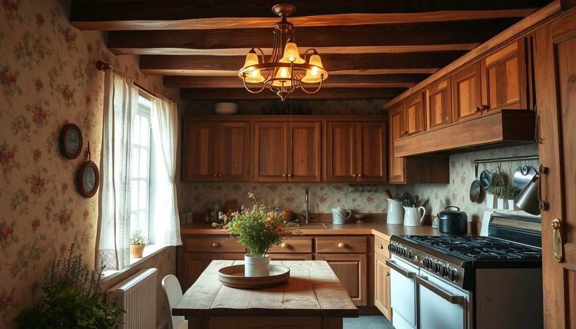 A cozy kitchen in the heart of a countryside cottage, bathed in soft, warm lighting. The worn wooden cabinets and distressed farmhouse-style table exude a charming, lived-in aesthetic. Delicate floral wallpaper adorns the walls, complemented by lace curtains gently swaying in the breeze from an open window. Antique brass hardware and a vintage gas range add to the rustic elegance. Weathered wooden beams overhead cast gentle shadows, while a vintage chandelier casts a gentle glow. Potted herbs and a vase of wildflowers accent the scene, creating a serene, homey atmosphere. Eine gemütliche Küche im Herzen eines Landhauses, die in weiches, warmes Licht getaucht ist. Die abgenutzten Holzschränke und der abgenutzte Tisch im Landhausstil strahlen eine charmante, lebendige Ästhetik aus. Zarte Blumentapeten schmücken die Wände, ergänzt durch Spitzenvorhänge, die sich durch ein offenes Fenster sanft im Wind wiegen. Antike Messingbeschläge und ein alter Gasherd tragen zur rustikalen Eleganz bei. Die verwitterten Holzbalken über der Decke werfen sanfte Schatten, während ein Vintage-Kronleuchter ein sanftes Licht spendet. Topfkräuter und eine Vase mit Wildblumen akzentuieren die Szene und schaffen eine heitere, heimelige Atmosphäre.