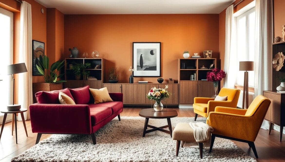 A cozy living room filled with a curated arrangement of retro-inspired furniture. In the foreground, a mid-century modern sofa in a rich burgundy hue sits atop a plush shag rug, complemented by a pair of vintage armchairs in mustard yellow velvet. In the middle ground, a sleek wooden coffee table is adorned with a brass lamp and a vase of fresh flowers. The walls are painted in a warm, earthy tone, creating a inviting and harmonious atmosphere. Soft, diffused lighting from a large window casts a gentle glow, highlighting the interplay of textures and materials. The overall scene exudes a sense of timeless elegance and thoughtful design, perfectly capturing the essence of "Grundlagen des Möbel Kombinierens". Ein gemütliches Wohnzimmer mit einer Zusammenstellung von Möbeln im Retro-Stil. Im Vordergrund steht ein modernes Sofa aus der Mitte des Jahrhunderts in einem satten Burgunder-Ton auf einem plüschigen Zottelteppich, ergänzt durch ein Paar Vintage-Sessel aus senfgelbem Samt. Im Mittelgrund steht ein schlichter hölzerner Couchtisch, der mit einer Messinglampe und einer Vase mit frischen Blumen geschmückt ist. Die Wände sind in einem warmen, erdigen Ton gestrichen, der eine einladende und harmonische Atmosphäre schafft. Weiches, diffuses Licht von einem großen Fenster wirft einen sanften Schein und hebt das Zusammenspiel von Texturen und Materialien hervor. Die gesamte Szene strahlt ein Gefühl von zeitloser Eleganz und durchdachtem Design aus und fängt die Essenz der "Grundlagen des Möbel Kombinierens" perfekt ein.