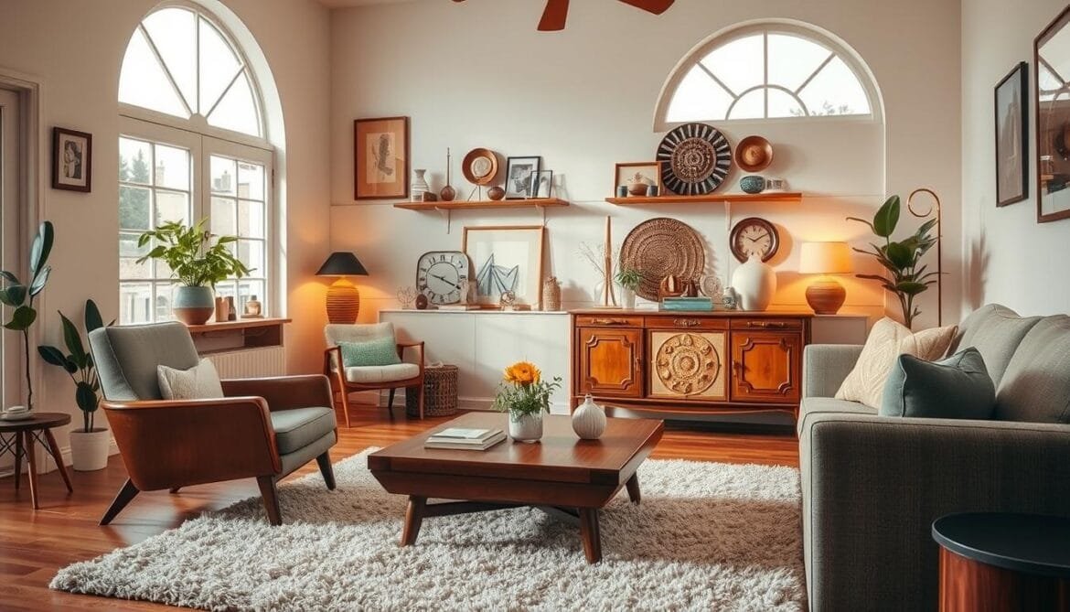 A cozy living room with a harmonious blend of retro-inspired furniture and modern accents. In the foreground, a mid-century modern armchair and a sleek, wooden coffee table sit atop a plush, shag rug. In the middle ground, a vintage sideboard displays an array of eclectic decor pieces, casting warm, diffused lighting throughout the space. The background features a large, arched window, allowing natural light to pour in and highlighting the complementary colors and textures of the room. The overall atmosphere is one of timeless elegance, where the past and present seamlessly converge, creating a welcoming and visually stunning interior. Ein gemütliches Wohnzimmer mit einer harmonischen Mischung aus retro-inspirierten Möbeln und modernen Akzenten. Im Vordergrund stehen ein moderner Sessel aus der Mitte des Jahrhunderts und ein schlichter Couchtisch aus Holz auf einem plüschigen Zottelteppich. Im Mittelgrund steht ein Vintage-Sideboard mit einer Reihe von eklektischen Dekorationsstücken, die den Raum in warmes, diffuses Licht tauchen. Im Hintergrund befindet sich ein großes, gewölbtes Fenster, das natürliches Licht hereinlässt und die komplementären Farben und Texturen des Raumes hervorhebt. Die Gesamtatmosphäre ist von zeitloser Eleganz, in der Vergangenheit und Gegenwart nahtlos ineinander übergehen und ein einladendes und visuell beeindruckendes Interieur schaffen.