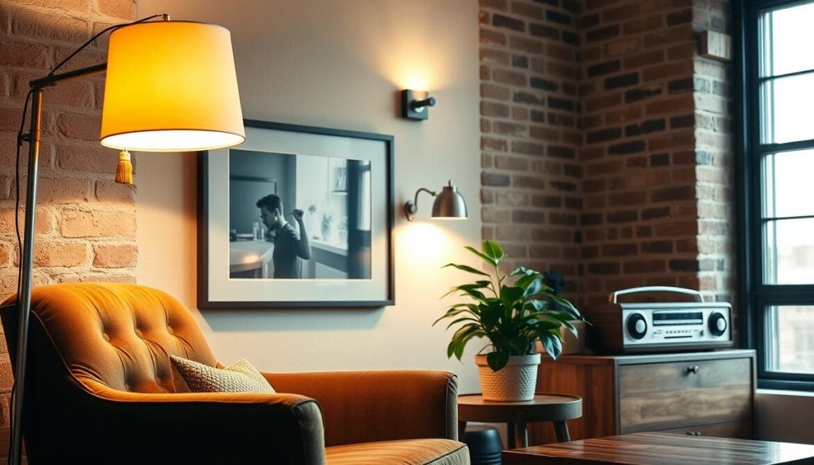 A cozy retro-inspired living room with a warm, ambient lighting setup. In the foreground, a vintage floor lamp casts a soft, golden glow across a plush velvet armchair and a wooden side table topped with a lush potted plant. In the middle ground, a wall-mounted sconce illuminates a framed black-and-white photography print, while a classic tabletop radio sits nearby, its soft buttons and dials hinting at a bygone era. The background features exposed brick walls and a large window, letting in just enough natural light to create a harmonious balance between modern and vintage elements. The overall mood is one of nostalgic comfort and refined aesthetic. Ein gemütliches, retro-inspiriertes Wohnzimmer mit einer warmen, stimmungsvollen Beleuchtung. Im Vordergrund wirft eine alte Stehlampe einen weichen, goldenen Schein auf einen Plüschsessel und einen hölzernen Beistelltisch mit einer üppigen Topfpflanze. Im Mittelgrund beleuchtet ein Wandleuchter eine gerahmte Schwarz-Weiß-Fotografie, während in der Nähe ein klassisches Tischradio steht, dessen sanfte Knöpfe und Ziffernblätter auf eine vergangene Ära hinweisen. Der Hintergrund besteht aus freiliegenden Ziegelwänden und einem großen Fenster, das gerade genug natürliches Licht hereinlässt, um ein harmonisches Gleichgewicht zwischen modernen und Vintage-Elementen zu schaffen. Die Gesamtstimmung ist von nostalgischem Komfort und raffinierter Ästhetik geprägt.