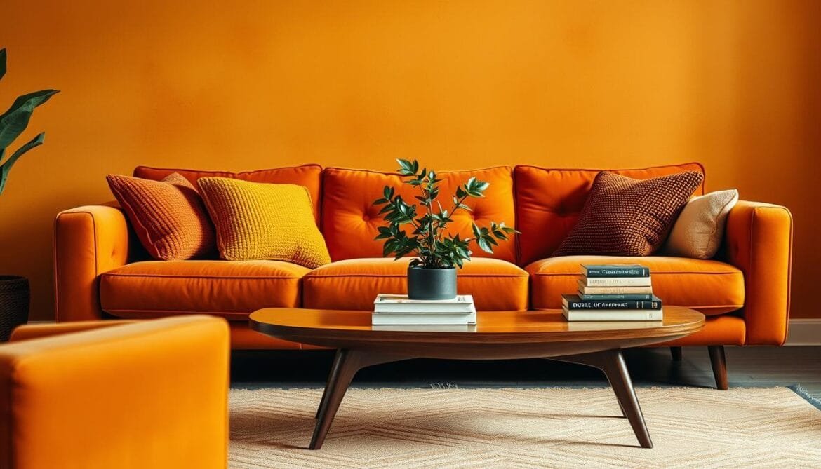 A cozy, retro-inspired room with warm, saturated hues. In the foreground, a plush, mid-century inspired couch in a rich, burnt orange tone. Textured throw pillows in complementary shades of mustard yellow and earthy brown adorn the seating. Soft, indirect lighting casts a gentle glow, creating a inviting atmosphere. The middle ground features a vintage, wooden coffee table with a sleek, curved silhouette, topped with a lush, leafy plant and a stack of well-worn books. In the background, a textured, ochre-toned wall provides a harmonious backdrop, with a simple, geometric-patterned rug grounding the space. The overall mood is one of nostalgic comfort and timeless style. Ein gemütlicher, retro-inspirierter Raum mit warmen, satten Farbtönen. Im Vordergrund eine plüschige, von der Mitte des Jahrhunderts inspirierte Couch in einem satten, verbrannten Orangeton. Texturierte Kissen in komplementären Schattierungen von Senfgelb und Erdbraun schmücken die Sitzgelegenheiten. Weiches, indirektes Licht wirft einen sanften Schein und schafft eine einladende Atmosphäre. Im Mittelgrund steht ein alter Couchtisch aus Holz mit einer schlanken, geschwungenen Silhouette, auf dem eine üppige, blattreiche Pflanze und ein Stapel abgenutzter Bücher stehen. Im Hintergrund sorgt eine strukturierte, ockerfarbene Wand für eine harmonische Kulisse, während ein einfacher, geometrisch gemusterter Teppich den Raum erdet. Die Gesamtstimmung ist geprägt von nostalgischer Gemütlichkeit und zeitlosem Stil.
