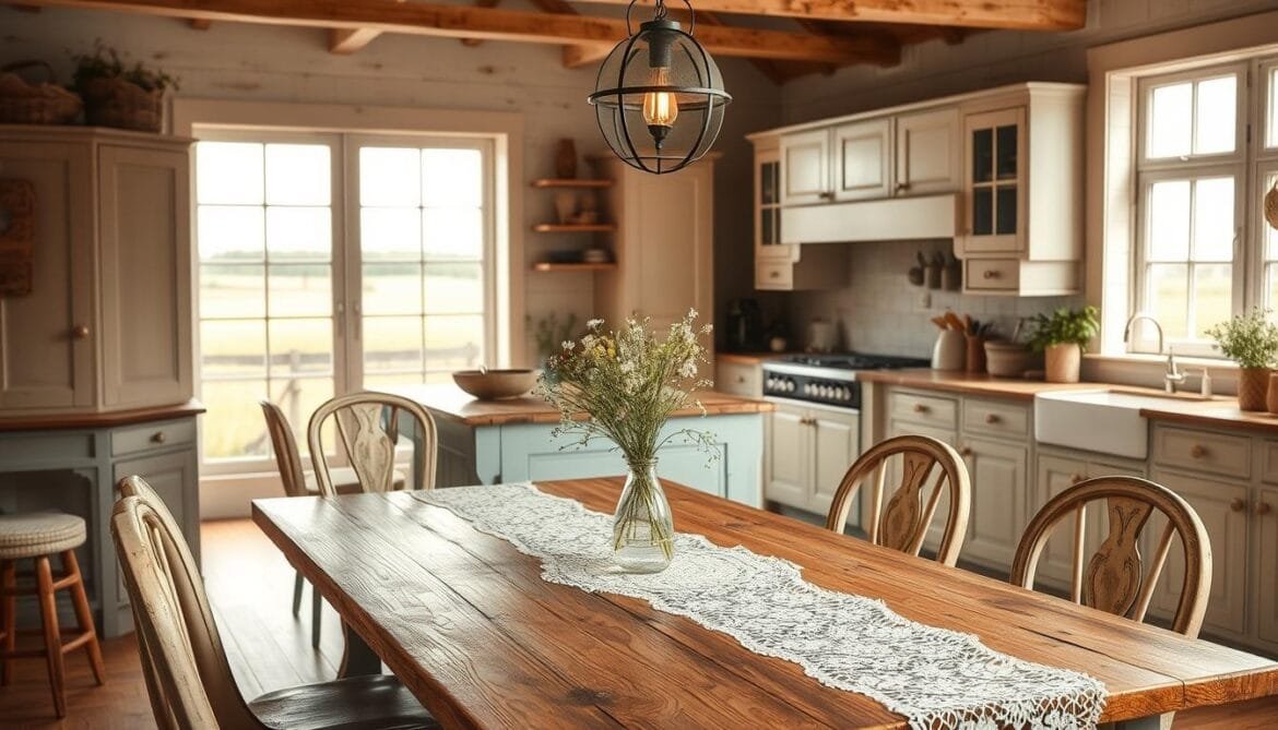 A cozy, rustic Shabby Chic kitchen with a warm, inviting color palette. In the foreground, a large farmhouse-style wooden table surrounded by mismatched vintage chairs, adorned with a lace tablecloth and a simple vase of fresh wildflowers. The middle ground features a faded pastel blue kitchen island, distressed cabinetry in soft cream tones, and a vintage-inspired pendant light fixture casting a gentle glow. The background showcases a large window overlooking a pastoral scene, allowing soft natural light to filter in and creating a dreamy, nostalgic atmosphere. The overall scene exudes a sense of charm, comfort, and timeless elegance. Eine gemütliche, rustikale Shabby-Chic-Küche mit einer warmen, einladenden Farbpalette. Im Vordergrund ein großer Holztisch im Landhausstil, umgeben von unpassenden Vintage-Stühlen, geschmückt mit einer Spitzentischdecke und einer einfachen Vase mit frischen Wildblumen. Der Mittelgrund zeigt eine verblichene pastellblaue Kücheninsel, abgenutzte Schränke in sanften Cremetönen und eine von Vintage inspirierte Hängeleuchte, die ein sanftes Licht abgibt. Im Hintergrund ist ein großes Fenster mit Blick auf eine ländliche Szene zu sehen, durch das weiches, natürliches Licht einfällt und eine verträumte, nostalgische Atmosphäre entsteht. Die gesamte Szene strahlt Charme, Komfort und zeitlose Eleganz aus.