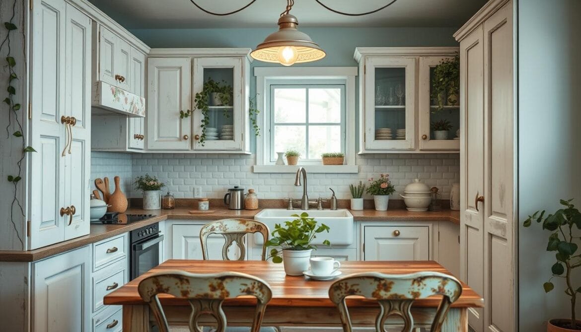 A cozy shabby chic kitchen, the soft glow of vintage-inspired pendant lights casting a warm ambiance. Whitewashed wood cabinets, distressed finishes, and delicate floral accents create a charming, lived-in aesthetic. Brass hardware and a farmhouse-style sink complement the rustic vibe. In the foreground, a wooden table with weathered chairs invites to linger over a cup of coffee. Trailing vines and potted greenery add organic touches, while the pale blue walls provide a soothing backdrop. The overall scene exudes a sense of timeless elegance and relaxed comfort, perfectly capturing the essence of a shabby chic dream kitchen. Eine gemütliche Küche im Shabby-Chic, in der der sanfte Schein der Vintage-Pendelleuchten ein warmes Ambiente schafft. Weiß getünchte Holzschränke, abgenutzte Oberflächen und zarte florale Akzente sorgen für eine charmante, lebendige Ästhetik. Messingbeschläge und ein Waschbecken im Landhausstil ergänzen die rustikale Atmosphäre. Im Vordergrund lädt ein Holztisch mit verwitterten Stühlen zum Verweilen bei einer Tasse Kaffee ein. Ranken und grüne Töpfe setzen organische Akzente, während die hellblauen Wände einen beruhigenden Hintergrund bilden. Das Gesamtbild strahlt ein Gefühl von zeitloser Eleganz und entspanntem Komfort aus und fängt die Essenz einer Traumküche im Shabby Chic perfekt ein.