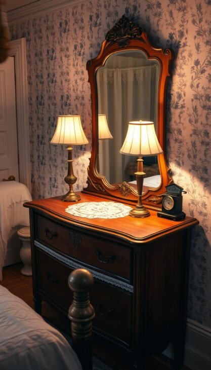 A cozy vintage bedroom with a wooden dresser and an ornate mirror taking center stage. Soft, warm lighting from a brass lamp illuminates the scene, casting a gentle glow. Delicate floral wallpaper and a plush, patterned rug add to the nostalgic ambiance. A lace-trimmed bedspread and an antique timepiece on the dresser complete the timeless, romantic atmosphere. The angles and composition capture the essence of a serene, tranquil sanctuary, inviting the viewer to step back in time and experience the comforts of a bygone era. A cozy vintage bedroom with a wooden dresser and an ornate mirror taking center stage. Soft, warm lighting from a brass lamp illuminates the scene, casting a gentle glow. Delicate floral wallpaper and a plush, patterned rug add to the nostalgic ambiance. A lace-trimmed bedspread and an antique timepiece on the dresser complete the timeless, romantic atmosphere. The angles and composition capture the essence of a serene, tranquil sanctuary, inviting the viewer to step back in time and experience the comforts of a bygone era.