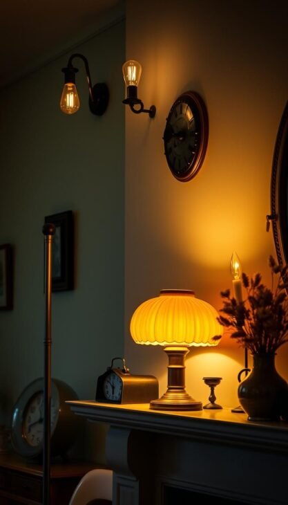 A cozy vintage-inspired living room showcases a delightful collection of retro-style lighting fixtures and decorative elements. The room is bathed in a warm, soft glow from a mid-century floor lamp with an inviting amber shade, complemented by the gentle illumination of a pair of sconces with exposed bulbs mounted on the wall. On the mantelpiece, a vintage table clock and an ornate candle holder create a charming focal point, while a retro-style vase with dried flowers adds a touch of rustic elegance. The overall atmosphere evokes a sense of timeless elegance and a nod to the past, creating a captivating and cozy ambiance. A cozy vintage-inspired living room showcases a delightful collection of retro-style lighting fixtures and decorative elements. The room is bathed in a warm, soft glow from a mid-century floor lamp with an inviting amber shade, complemented by the gentle illumination of a pair of sconces with exposed bulbs mounted on the wall. On the mantelpiece, a vintage table clock and an ornate candle holder create a charming focal point, while a retro-style vase with dried flowers adds a touch of rustic elegance. The overall atmosphere evokes a sense of timeless elegance and a nod to the past, creating a captivating and cozy ambiance.