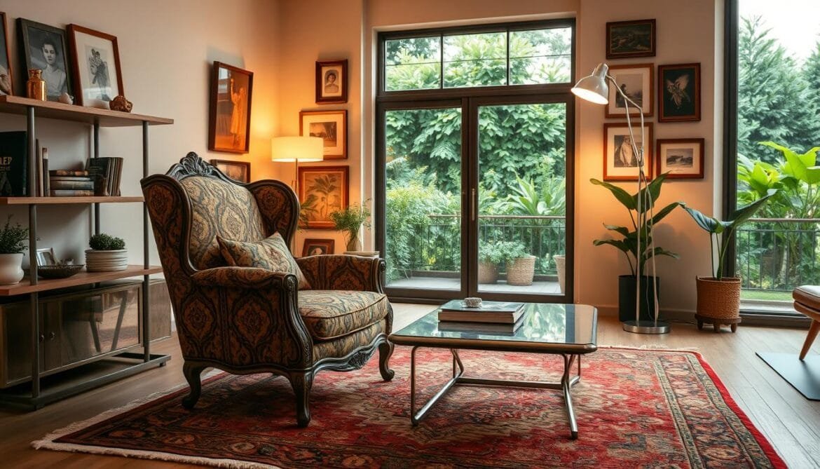 A cozy vintage-inspired living room, the perfect blend of old and new. In the foreground, an ornate antique armchair sits atop a plush Persian rug, its intricate patterns complementing the sleek, modern coffee table beside it. Warm ambient lighting casts a soft glow, illuminating the mix of textures - weathered wood shelves, shiny chrome accents, and a statement mid-century floor lamp. The walls are adorned with framed vintage artwork, creating a gallery-like display. In the background, a large window offers a view of a lush, verdant garden, blending the indoor and outdoor spaces. The overall atmosphere is one of timeless elegance and harmonious contrast, capturing the essence of blending vintage and modern elements. Ein gemütliches Wohnzimmer im Vintage-Stil, die perfekte Mischung aus Alt und Neu. Im Vordergrund steht ein verschnörkelter antiker Sessel auf einem plüschigen Perserteppich, dessen verschlungene Muster den eleganten, modernen Couchtisch daneben ergänzen. Die warme Umgebungsbeleuchtung wirft ein sanftes Licht und beleuchtet den Mix aus verwitterten Holzregalen, glänzenden Chromakzenten und einer Stehlampe aus der Mitte des Jahrhunderts. Die Wände sind mit gerahmten Vintage-Kunstwerken geschmückt, die eine galerieartige Auslage bilden. Im Hintergrund gibt ein großes Fenster den Blick auf einen üppigen, grünen Garten frei, der den Innen- und Außenbereich miteinander verbindet. Die Gesamtatmosphäre ist von zeitloser Eleganz und harmonischen Kontrasten geprägt und fängt die Essenz der Verschmelzung von Vintage- und modernen Elementen ein.