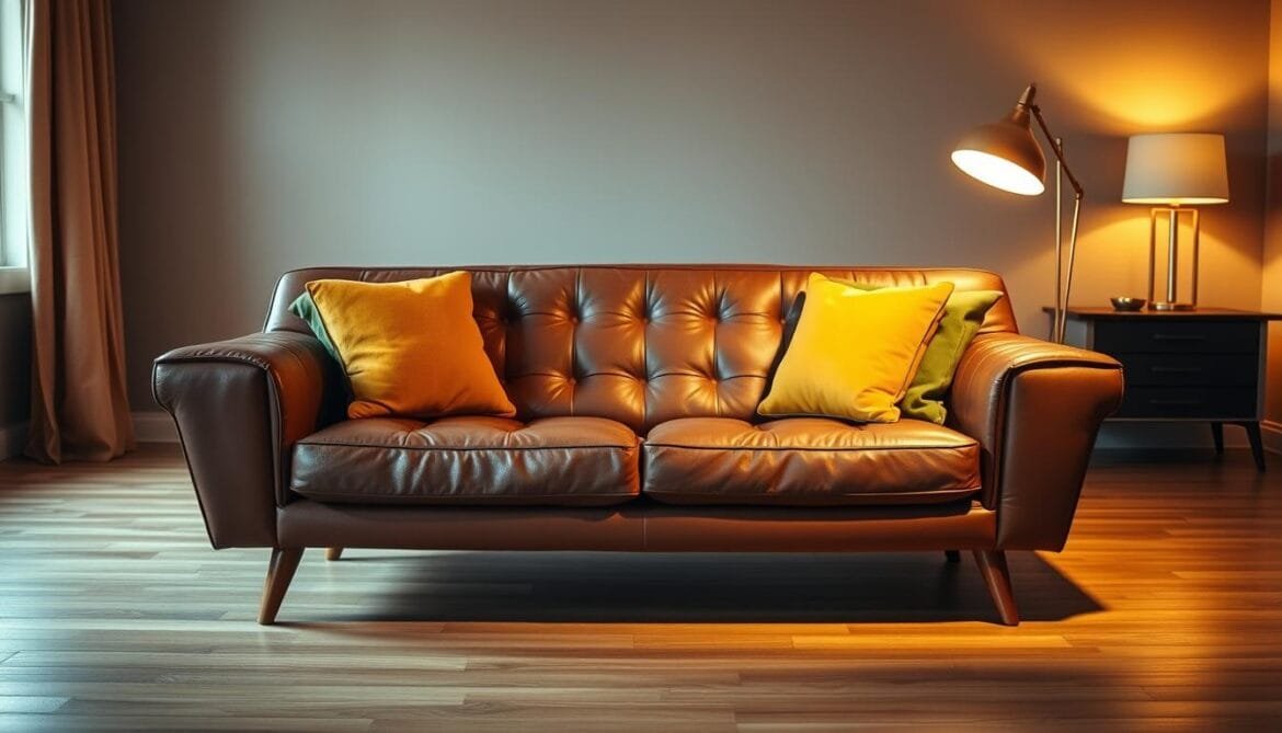 A cozy, vintage-inspired mid-century modern sofa set against a warm, softly-lit living room backdrop. The tufted leather upholstery and slender, tapered legs evoke a classic 1950s-60s aesthetic. Bright mustard and olive green accent pillows add a vibrant pop of color. Warm, indirect lighting from a pair of brass mid-century lamps casts a gentle glow, creating a comfortable, inviting ambiance. The sofa is positioned in a spacious room with hardwood floors and minimalist decor, allowing the vintage couch to take center stage as the focal point. Ein gemütliches, von der Mitte des Jahrhunderts inspiriertes, modernes Sofa in einer warmen, sanft beleuchteten Wohnzimmerkulisse. Die getuftete Lederpolsterung und die schlanken, spitz zulaufenden Beine erinnern an die klassische Ästhetik der 1950er und 1960er Jahre. Leuchtend senf- und olivgrüne Akzentkissen sorgen für einen lebendigen Farbakzent. Die warme, indirekte Beleuchtung durch ein Paar Messinglampen aus der Mitte des Jahrhunderts verbreitet ein sanftes Licht und schafft ein gemütliches, einladendes Ambiente. Das Sofa steht in einem geräumigen Raum mit Hartholzböden und minimalistischem Dekor, so dass die Vintage-Couch im Mittelpunkt des Geschehens steht.