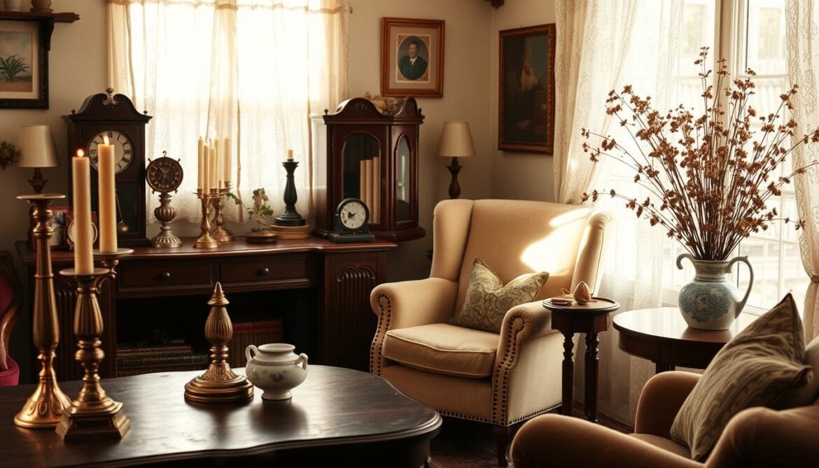 A cozy vintage living room filled with an assortment of classic, timeless accessories. Antique brass candlesticks, a weathered wooden clock, a plush velvet armchair, and a delicate porcelain vase with dried flowers adorn the room. Soft, warm lighting casts a gentle glow, creating a sense of nostalgia and comfort. The room's neutral color palette, with accents of rich burgundy and deep green, evokes a serene, lived-in ambiance. Sunlight filters through lace curtains, casting a gentle haze over the scene. The overall atmosphere is one of refined elegance and timeless charm, perfectly capturing the essence of a vintage-inspired living space. Ein gemütliches Vintage-Wohnzimmer, gefüllt mit einer Auswahl an klassischen, zeitlosen Accessoires. Antike Kerzenständer aus Messing, eine verwitterte Holzuhr, ein Plüschsessel aus Samt und eine zarte Porzellanvase mit Trockenblumen schmücken den Raum. Die weiche, warme Beleuchtung sorgt für ein sanftes Licht, das ein Gefühl von Nostalgie und Behaglichkeit vermittelt. Die neutrale Farbpalette des Raums mit Akzenten in sattem Burgunderrot und tiefem Grün vermittelt ein ruhiges, wohnliches Ambiente. Das Sonnenlicht fällt durch die Spitzenvorhänge und legt einen sanften Schleier über die Szene. Die Gesamtatmosphäre ist von raffinierter Eleganz und zeitlosem Charme geprägt und fängt die Essenz eines vom Vintage-Stil inspirierten Wohnraums perfekt ein.