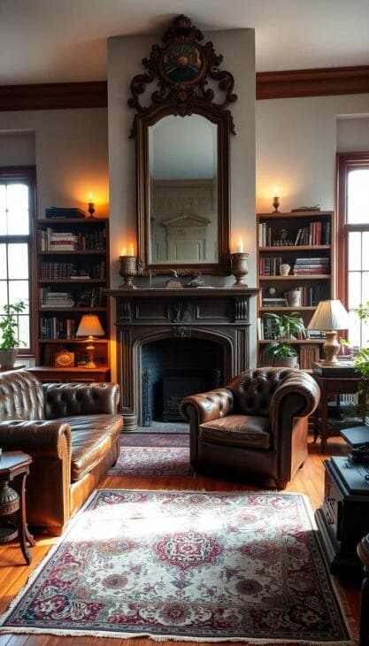 A cozy vintage living room with a worn leather chesterfield sofa, tufted armchair, and wooden side tables. A large ornate mirror hangs above a decorative fireplace, casting a warm glow. Bookshelves line the walls, filled with antique books and decorative objects. Soft lighting from a vintage floor lamp and candles creates a inviting, nostalgic atmosphere. The hardwood floors are covered in a distressed Persian rug. Potted plants and an old-fashioned record player add to the timeless, homey feel. Filtered natural light streams in through large windows, illuminating the space. A cozy vintage living room with a worn leather chesterfield sofa, tufted armchair, and wooden side tables. A large ornate mirror hangs above a decorative fireplace, casting a warm glow. Bookshelves line the walls, filled with antique books and decorative objects. Soft lighting from a vintage floor lamp and candles creates a inviting, nostalgic atmosphere. The hardwood floors are covered in a distressed Persian rug. Potted plants and an old-fashioned record player add to the timeless, homey feel. Filtered natural light streams in through large windows, illuminating the space.