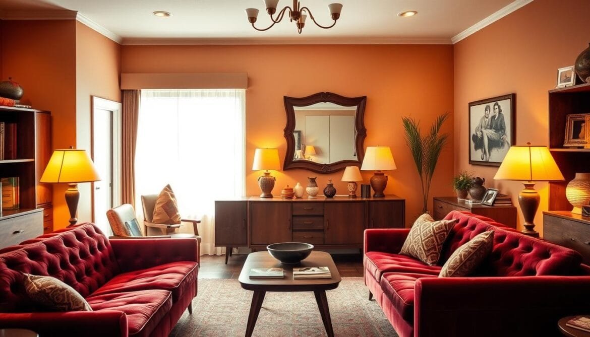 A cozy, well-appointed vintage retro living room with a warm, inviting atmosphere. The foreground features a plush, button-tufted velvet sofa in a rich burgundy hue, complemented by a pair of matching armchairs. A mid-century modern coffee table with tapered legs stands before them, adorned with a decorative bowl and some vintage magazines. The middle ground showcases a ornate, wooden-framed mirror hanging above a vintage sideboard, with an array of retro-style lamps and vases atop. The background depicts a large window, allowing natural light to flood the space and illuminate the room's earthy color palette of terracotta, mustard, and olive tones. Warm, golden lighting casts a comforting glow, creating a cozy, nostalgic ambiance. Ein gemütliches, gut ausgestattetes Vintage-Retro-Wohnzimmer mit einer warmen, einladenden Atmosphäre. Im Vordergrund steht ein plüschiges, geknöpftes Samtsofa in einem satten Burgunder-Ton, das durch ein Paar passende Sessel ergänzt wird. Davor steht ein moderner Couchtisch mit spitz zulaufenden Beinen aus der Mitte des Jahrhunderts, der mit einer dekorativen Schale und einigen alten Zeitschriften geschmückt ist. Der Mittelgrund zeigt einen verschnörkelten, holzgerahmten Spiegel, der über einem alten Sideboard hängt, auf dem eine Reihe von Lampen und Vasen im Retrostil stehen. Im Hintergrund ist ein großes Fenster zu sehen, durch das natürliches Licht in den Raum fällt und die erdige Farbpalette aus Terrakotta-, Senf- und Olivtönen beleuchtet. Das warme, goldene Licht sorgt für ein gemütliches, nostalgisches Ambiente.