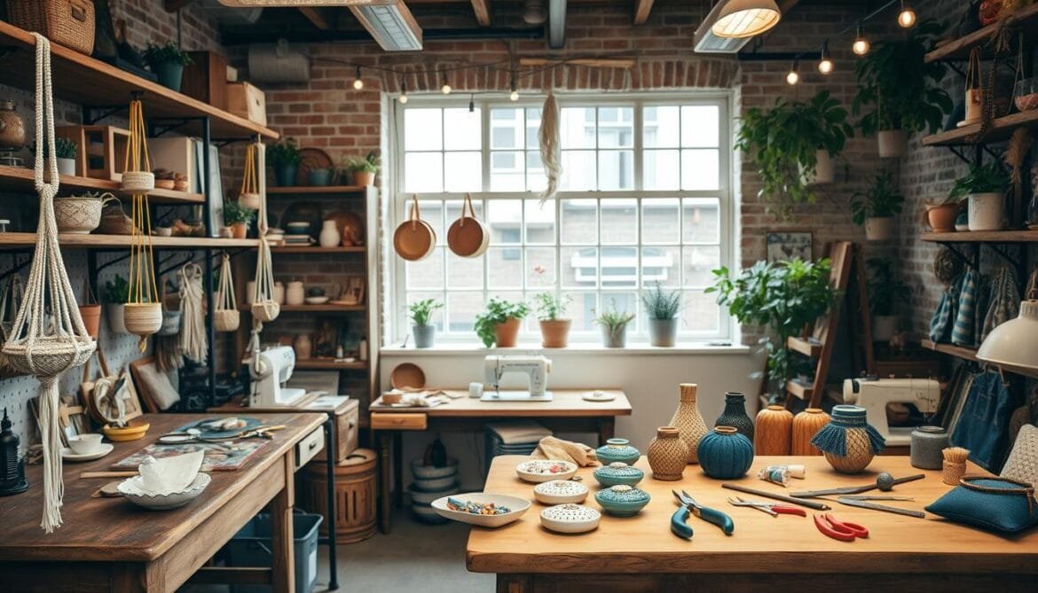 A cozy, well-lit DIY studio with vintage wooden workbenches and shelves displaying an array of retro-inspired accessories. In the foreground, a variety of handcrafted items like macrame plant hangers, ceramic trinket dishes, and upcycled denim pouches. In the middle ground, a sewing machine, pliers, and other crafting tools neatly arranged. The background features exposed brick walls, string lights, and potted plants, creating a warm, inviting atmosphere. The lighting is soft and natural, highlighting the textures and colors of the unique, one-of-a-kind accessories. Ein gemütliches, gut beleuchtetes DIY-Studio mit alten hölzernen Werkbänken und Regalen, in denen eine Reihe von Retro-Accessoires ausgestellt sind. Im Vordergrund eine Vielzahl von handgefertigten Gegenständen wie Makramee-Pflanzenaufhänger, Schmuckschalen aus Keramik und upgecycelte Jeansbeutel. Im Mittelgrund sind eine Nähmaschine, eine Zange und anderes Handwerkszeug fein säuberlich angeordnet. Im Hintergrund sorgen freiliegende Backsteinwände, Lichterketten und Topfpflanzen für eine warme, einladende Atmosphäre. Die Beleuchtung ist sanft und natürlich und hebt die Texturen und Farben der einzigartigen, einmaligen Accessoires hervor.