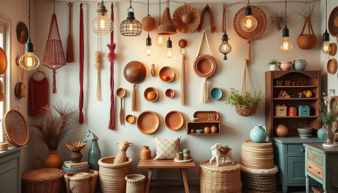 A cozy, well-lit Pinterest board filled with vibrant, handcrafted DIY retro accessories. An assortment of vintage-inspired pendant lights, macrame wall hangings, colorful ceramic trinket dishes, and upcycled furniture pieces are artfully displayed against a soft, pastel-toned backdrop. Warm and textural natural elements like woven baskets, twine, and wood accents create a harmonious, inviting atmosphere, evoking a sense of nostalgic charm and rustic elegance. The overall composition has a balanced, visually appealing layout that showcases a range of DIY project ideas to inspire the viewer's own creative endeavors. Ein gemütliches, gut beleuchtetes Pinterest-Board mit lebendigen, handgefertigten DIY-Retro-Accessoires. Eine Auswahl an Pendelleuchten im Vintage-Stil, Wandbehänge aus Makramee, bunte Keramikschalen und upgecycelte Möbelstücke werden kunstvoll vor einem weichen, pastellfarbenen Hintergrund präsentiert. Warme und strukturierte natürliche Elemente wie geflochtene Körbe, Schnüre und Holzakzente schaffen eine harmonische, einladende Atmosphäre, die nostalgischen Charme und rustikale Eleganz versprüht. Die Gesamtkomposition hat ein ausgewogenes, optisch ansprechendes Layout, das eine Reihe von DIY-Projektideen zeigt, die den Betrachter zu seinen eigenen kreativen Bemühungen inspirieren.