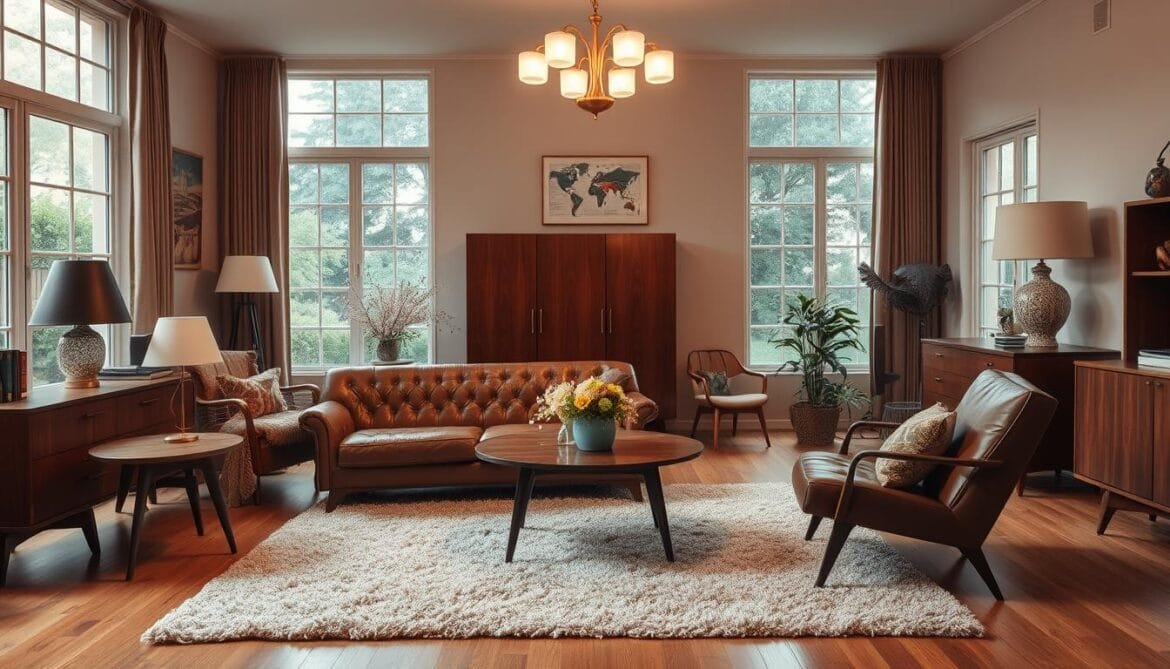 A cozy, well-lit mid-century living room showcasing a collection of vintage Möbel. A tufted leather sofa and armchair sit atop a plush shag rug, complemented by a sleek walnut credenza and side tables with tapered legs. Overhead, a brass chandelier casts a warm glow, illuminating the room's retro aesthetic. Through the large windows, a lush, verdant garden can be seen, adding a natural, tranquil element. The space exudes a timeless, nostalgic ambiance, inviting the viewer to imagine themselves browsing for their own timeless Möbel treasures. Ein gemütliches, lichtdurchflutetes Wohnzimmer aus der Mitte des Jahrhunderts, in dem eine Sammlung von Vintage-Möbeln präsentiert wird. Ein getuftetes Ledersofa und ein Sessel stehen auf einem plüschigen Zottelteppich, ergänzt durch eine schlichte Kredenz aus Nussbaumholz und Beistelltische mit spitz zulaufenden Beinen. Ein Messingkronleuchter wirft ein warmes Licht auf den Raum und unterstreicht seine Retro-Ästhetik. Durch die großen Fenster ist ein üppiger, grüner Garten zu sehen, der ein natürliches, ruhiges Element hinzufügt. Der Raum strahlt eine zeitlose, nostalgische Atmosphäre aus und lädt den Betrachter dazu ein, sich selbst beim Stöbern nach seinen eigenen zeitlosen Möbelschätzen vorzustellen.