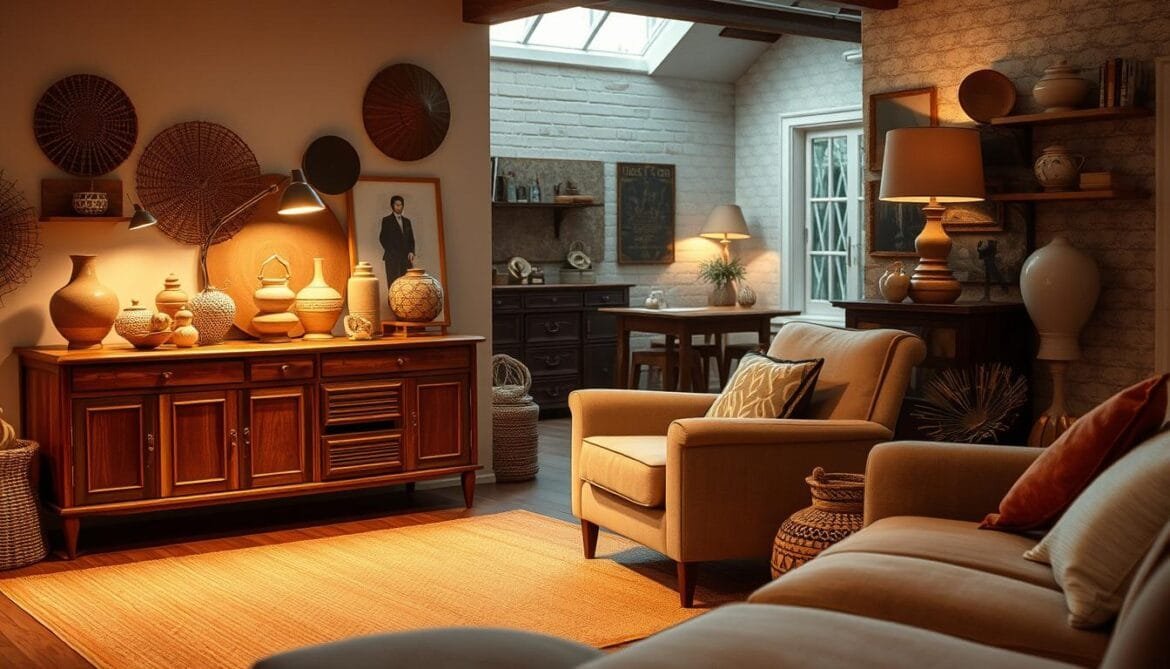 A cozy, well-lit room in a retro style, showcasing various timeless materials like natural wood, woven textiles, and muted ceramic accents. Warm, ambient lighting illuminates the scene, casting gentle shadows and highlighting the tactile qualities of the materials. In the foreground, a vintage sideboard or cabinet displays an array of decorative items, their forms and textures echoing the retro aesthetic. The middle ground features a plush armchair or sofa, inviting the viewer to imagine settling in and appreciating the enduring appeal of these classic materials. The background suggests a broader living space, perhaps with a hint of vintage wallpaper or exposed brick, further reinforcing the timeless, nostalgic atmosphere. The overall composition conveys a sense of enduring style and timeless elegance. Ein gemütlicher, gut beleuchteter Raum im Retrostil, in dem verschiedene zeitlose Materialien wie Naturholz, gewebte Textilien und gedämpfte Keramikakzente zum Einsatz kommen. Die warme, stimmungsvolle Beleuchtung wirft sanfte Schatten und hebt die haptischen Qualitäten der Materialien hervor. Im Vordergrund zeigt ein Vintage-Sideboard oder -Schrank eine Reihe von Dekorationsgegenständen, deren Formen und Texturen die Retro-Ästhetik widerspiegeln. Im Mittelgrund ist ein Plüschsessel oder -sofa zu sehen, der den Betrachter dazu einlädt, es sich gemütlich zu machen und den dauerhaften Reiz dieser klassischen Materialien zu genießen. Der Hintergrund suggeriert einen größeren Wohnraum, vielleicht mit einem Hauch von Vintage-Tapete oder freigelegtem Ziegelstein, was die zeitlose, nostalgische Atmosphäre noch verstärkt. Die Gesamtkomposition vermittelt ein Gefühl von beständigem Stil und zeitloser Eleganz.