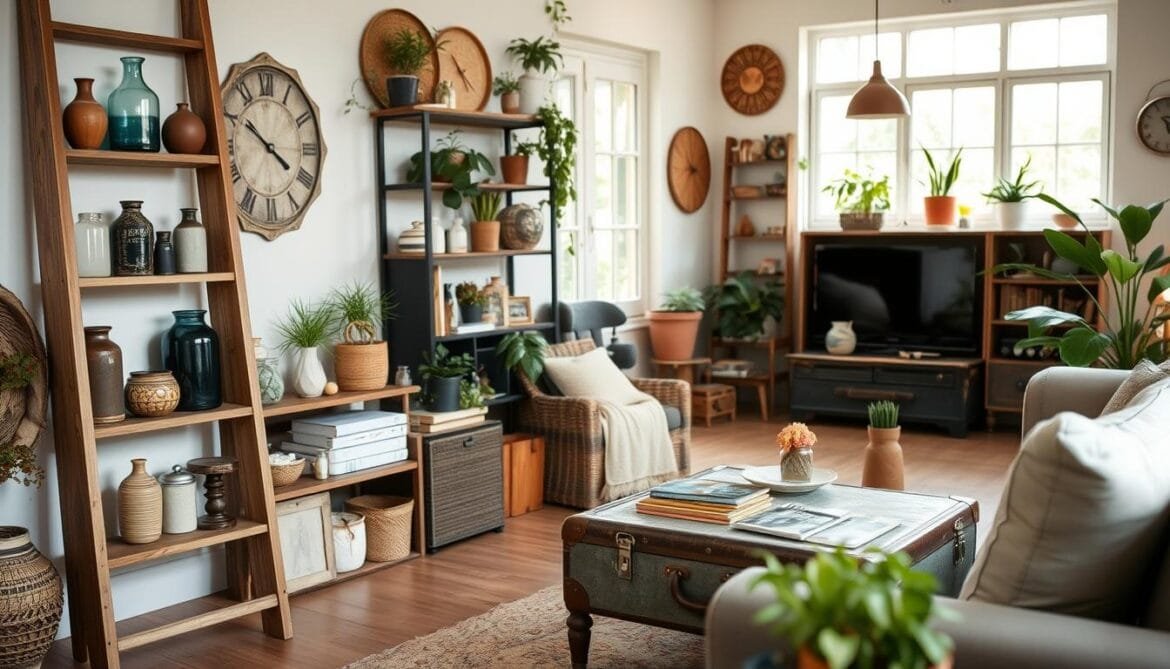 A cozy, well-lit room showcases an array of upcycled home decor items. In the foreground, a repurposed wooden ladder serves as a stylish shelving unit, displaying an assortment of vintage vases, jars, and potted plants. The mid-ground features a refurbished side table made from an old suitcase, surrounded by a mix of modern and eclectic furnishings. The background depicts a bright, airy space with large windows, allowing natural light to flood the room and highlight the unique textures and colors of the upcycled pieces. The overall atmosphere exudes a sense of warmth, creativity, and a touch of rustic charm, perfectly capturing the essence of DIY upcycling trends in interior design. A cozy, well-lit room showcases an array of upcycled home decor items. In the foreground, a repurposed wooden ladder serves as a stylish shelving unit, displaying an assortment of vintage vases, jars, and potted plants. The mid-ground features a refurbished side table made from an old suitcase, surrounded by a mix of modern and eclectic furnishings. The background depicts a bright, airy space with large windows, allowing natural light to flood the room and highlight the unique textures and colors of the upcycled pieces. The overall atmosphere exudes a sense of warmth, creativity, and a touch of rustic charm, perfectly capturing the essence of DIY upcycling trends in interior design.