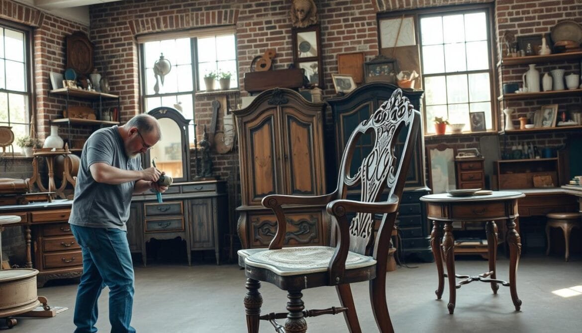 A cozy, well-lit vintage furniture restoration workshop. In the foreground, a skilled artisan carefully sanding and refinishing an antique wooden chair. Intricate details of the chair's intricate carvings and distressed finish are visible. In the middle ground, various vintage furniture pieces - an ornate vanity, a weathered armoire, a sturdy side table - await their turn for restoration. The background showcases a brick wall adorned with shelves holding an array of vintage decor, tools, and supplies. Soft, natural lighting filters in through large windows, casting a warm, inviting glow over the entire scene. The atmosphere exudes a sense of timeless craftsmanship and sustainable living. Eine gemütliche, gut beleuchtete Werkstatt für die Restaurierung alter Möbel. Im Vordergrund schleift und poliert ein geschickter Handwerker sorgfältig einen antiken Holzstuhl. Die komplizierten Schnitzereien und die beschädigte Oberfläche des Stuhls sind gut zu erkennen. Im Mittelgrund warten verschiedene antike Möbelstücke - ein verzierter Waschtisch, ein verwitterter Schrank, ein stabiler Beistelltisch - darauf, restauriert zu werden. Im Hintergrund ist eine Backsteinmauer mit Regalen zu sehen, in denen eine Reihe von Vintage-Dekorationen, Werkzeugen und Zubehör aufbewahrt werden. Durch große Fenster fällt weiches, natürliches Licht ein, das einen warmen, einladenden Schein auf die gesamte Szene wirft. Die Atmosphäre strahlt ein Gefühl von zeitloser Handwerkskunst und nachhaltigem Leben aus.